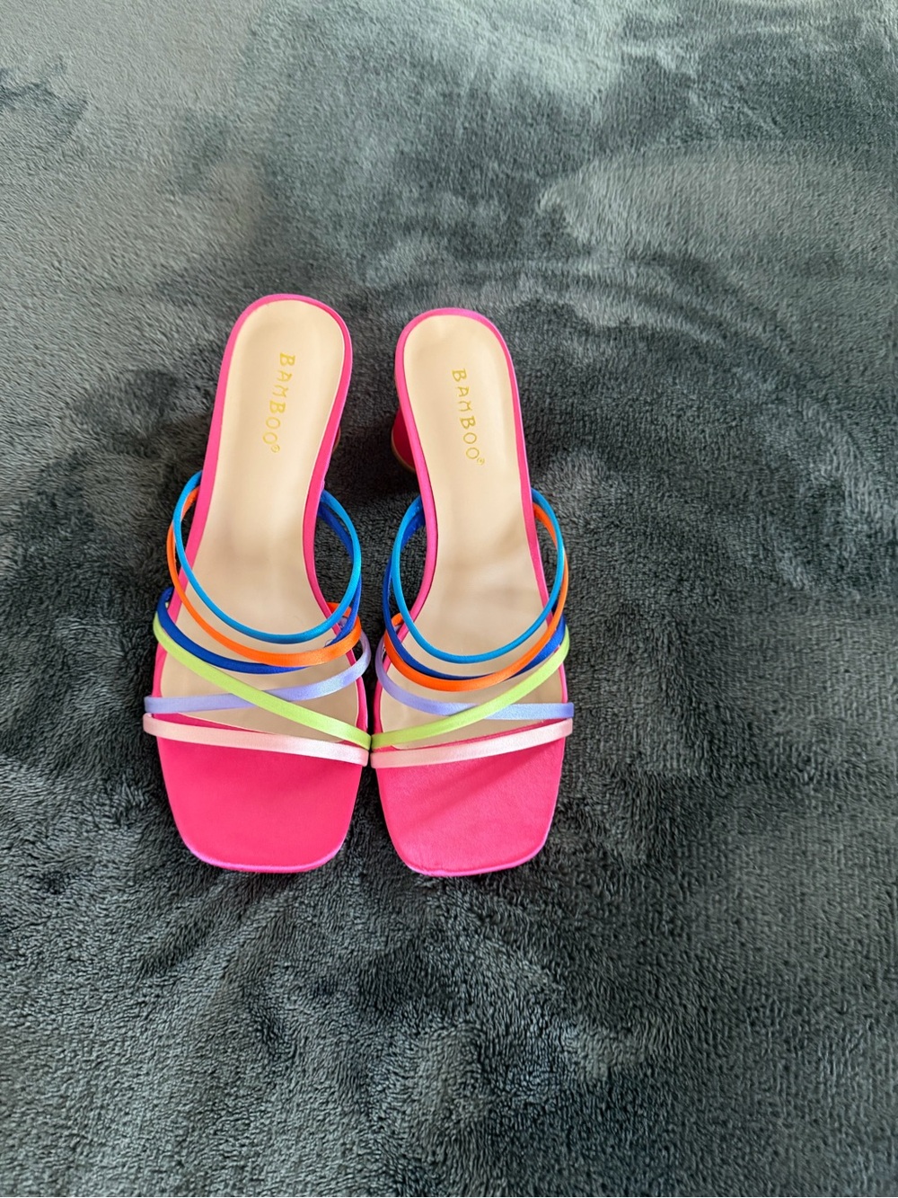 BAMBOO Hot Pink Multi-Color Strap Slide Heels